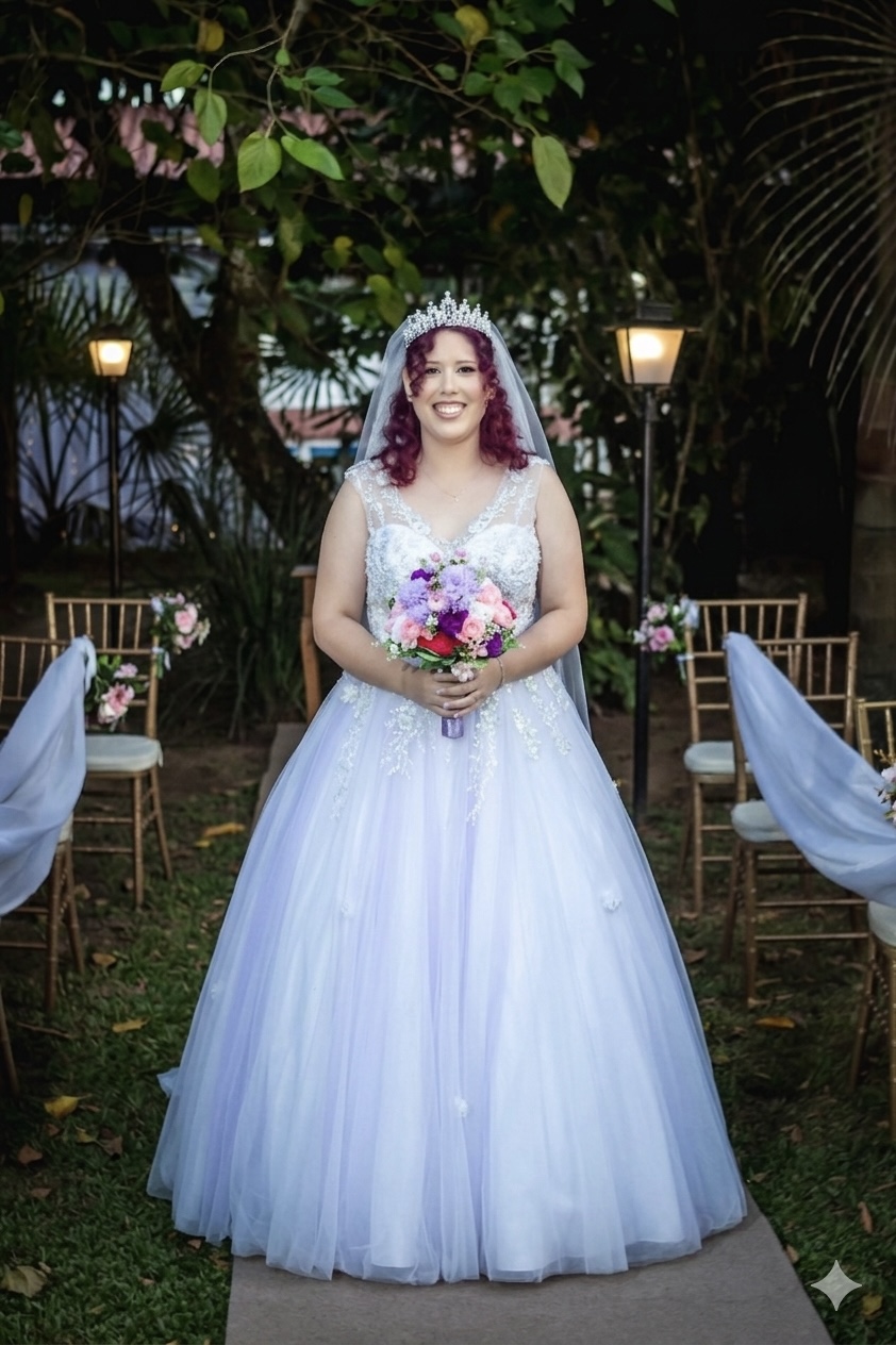 Noiva com buquê no jardim